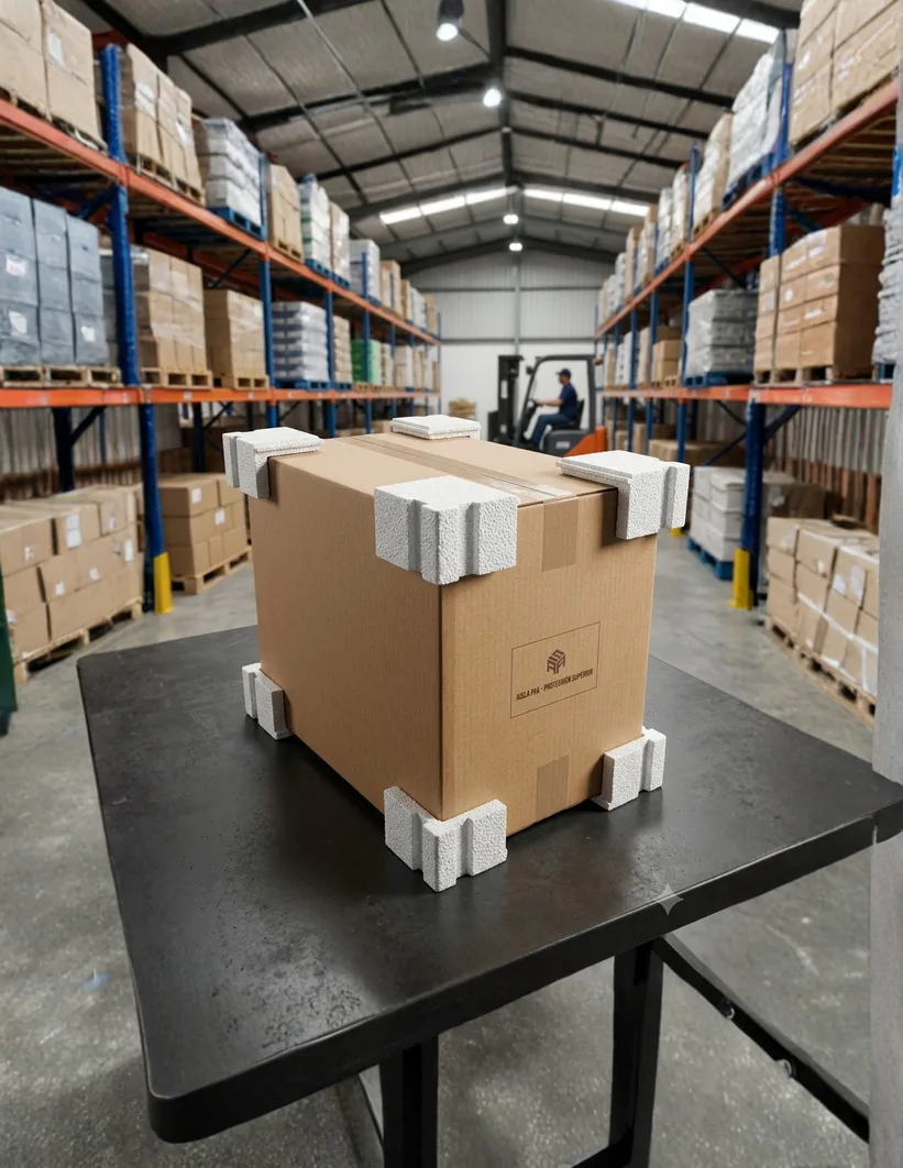 Caja de cartón protegida con esquineros modulares de EPS en almacén